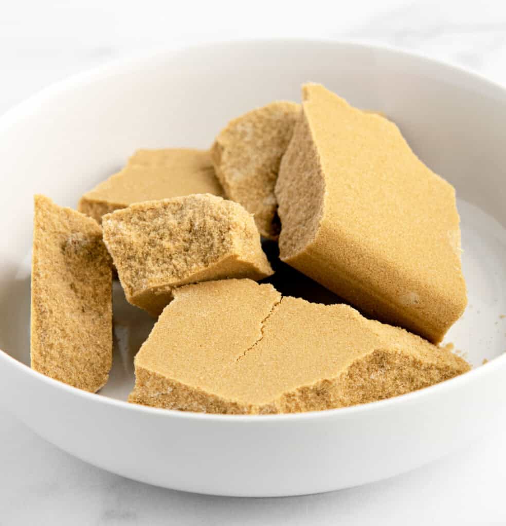 Hard Brown Sugar in White Bowl
