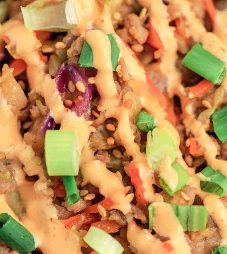 Closeup of Sriracha Mayo on Egg Roll in Bowl Dish