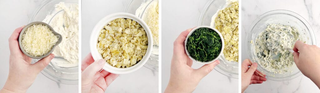 Add Bites Artichoke Hearts, Parmesan, Spinach to Mixing Bowl