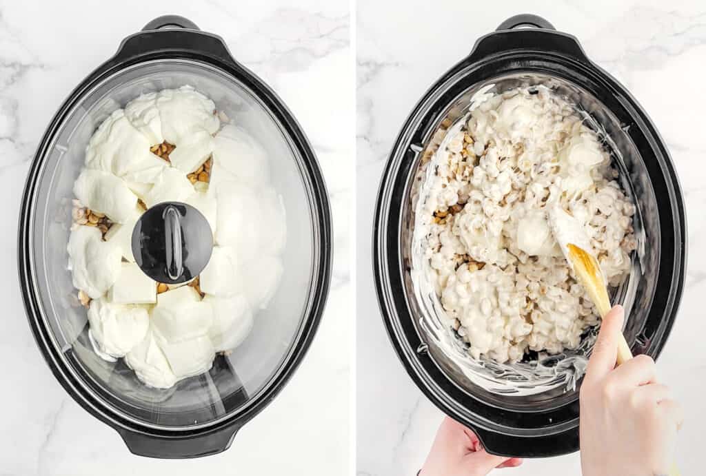 Stirring Almond Bark and Peanuts in Slow Cooker
