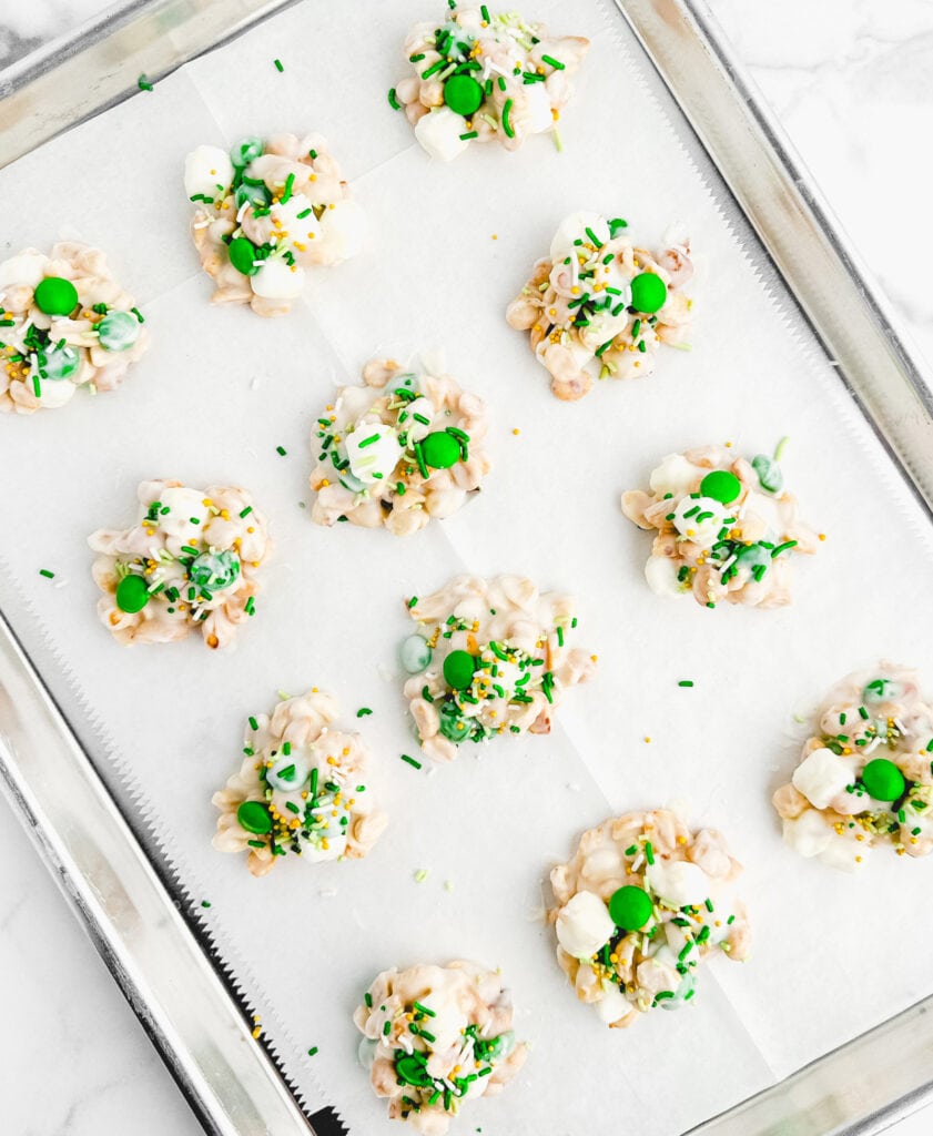 Candy Clusters Setting on Parchment Covered Baking Sheet