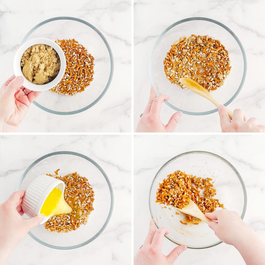 Adding Sugar and Butter to Pretzel Mixture in Glass Bowl
