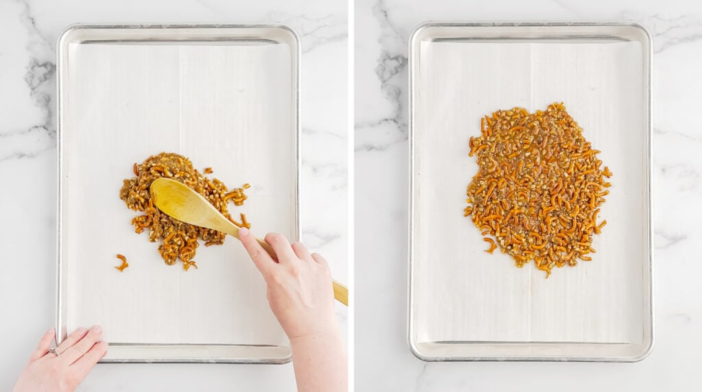 Spreading the Pretzel Mixture on Baking Sheet Lined with Parchment Paper
