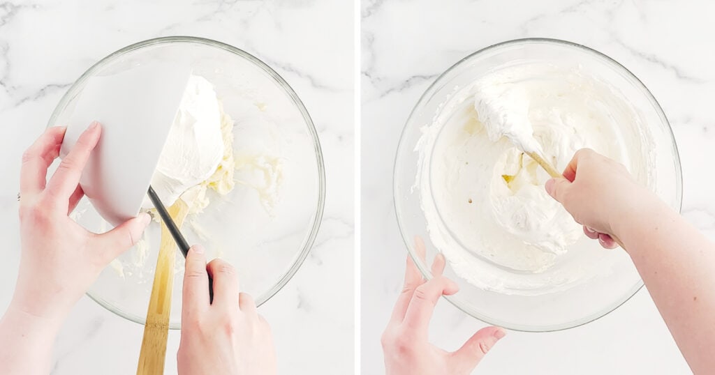 Folding in Cool Whip to Cream Cheese Mixture in Glass Bowl
