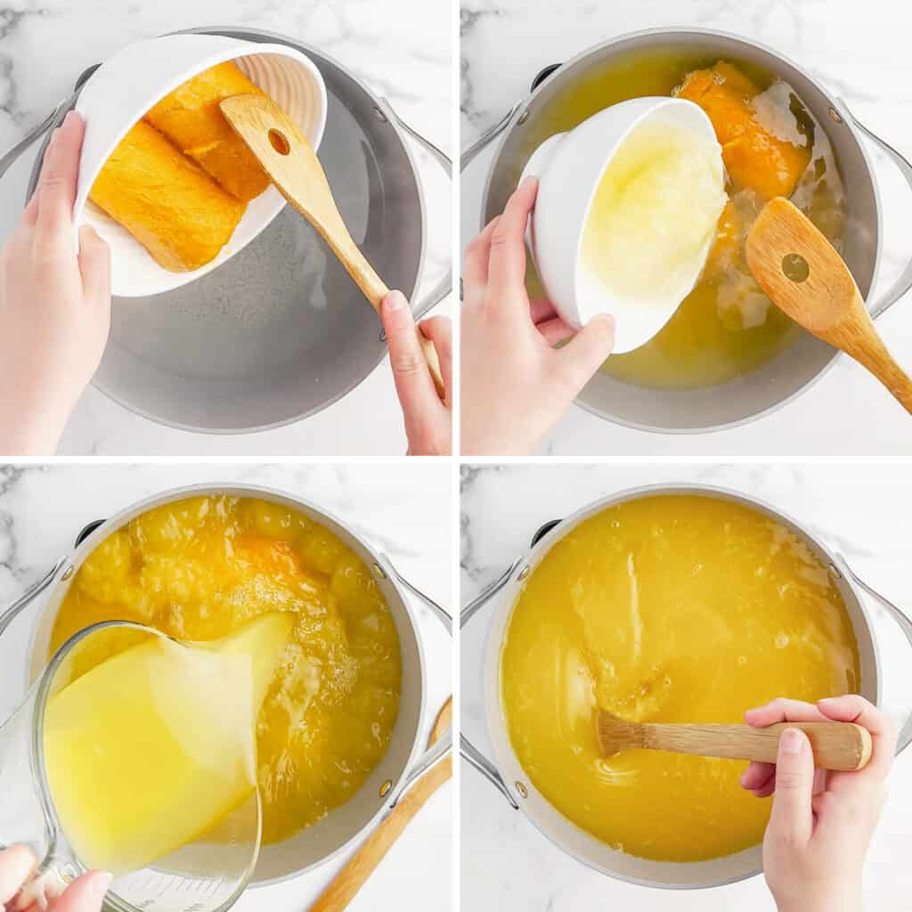 Adding Juices to Sugar Mixture in Grey Pot