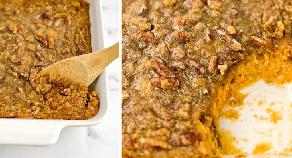 Serving Sweet Potato Casserole with Wooden Spoon
