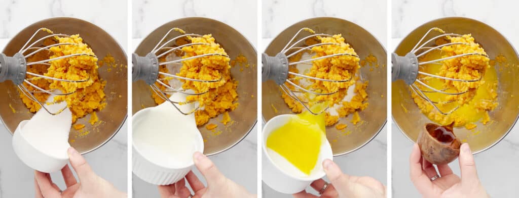 Adding Sugar, Milk, Butter, and Vanilla to Sweet Potato Mixture