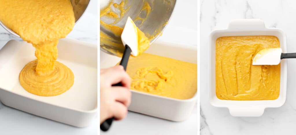 Pouring Sweet Potato Mixture Into White Baking Dish