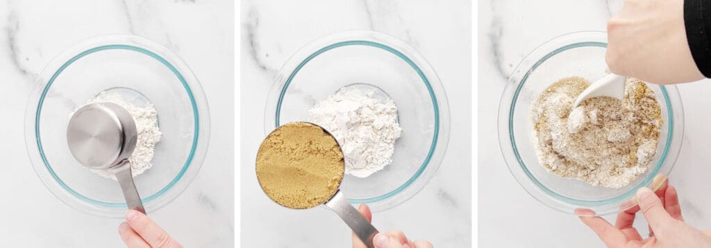 Adding Brown Sugar, Pecans, and Flour to Mixing Bowl