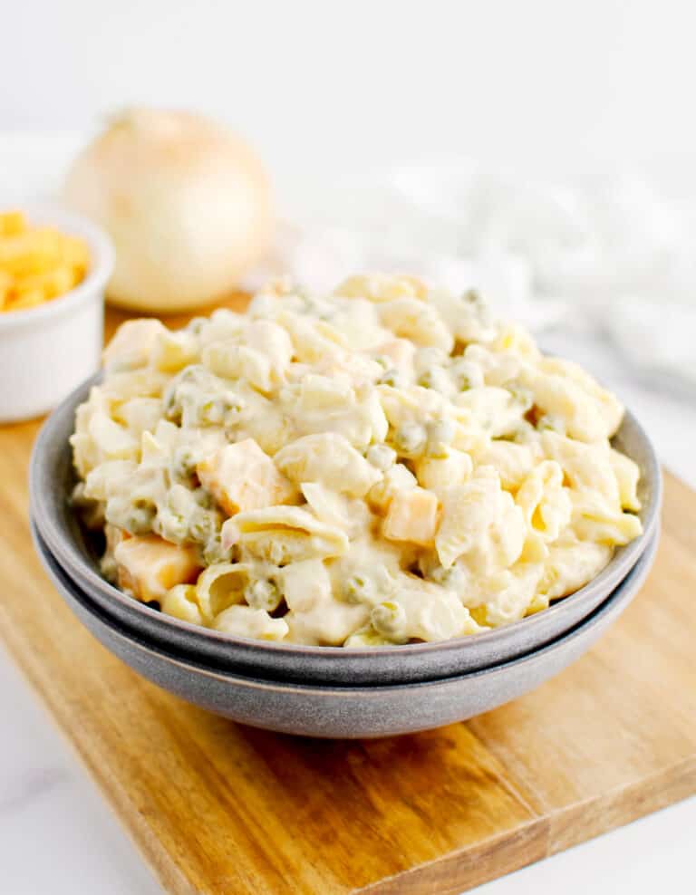 Tuna Pasta Salad in Stone Grey Bowl on Wooden Cutting Board