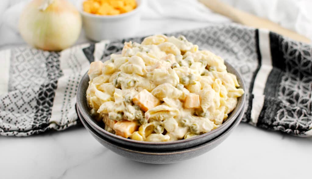 Tuna Pasta Salad with Kitchen Towel Behind