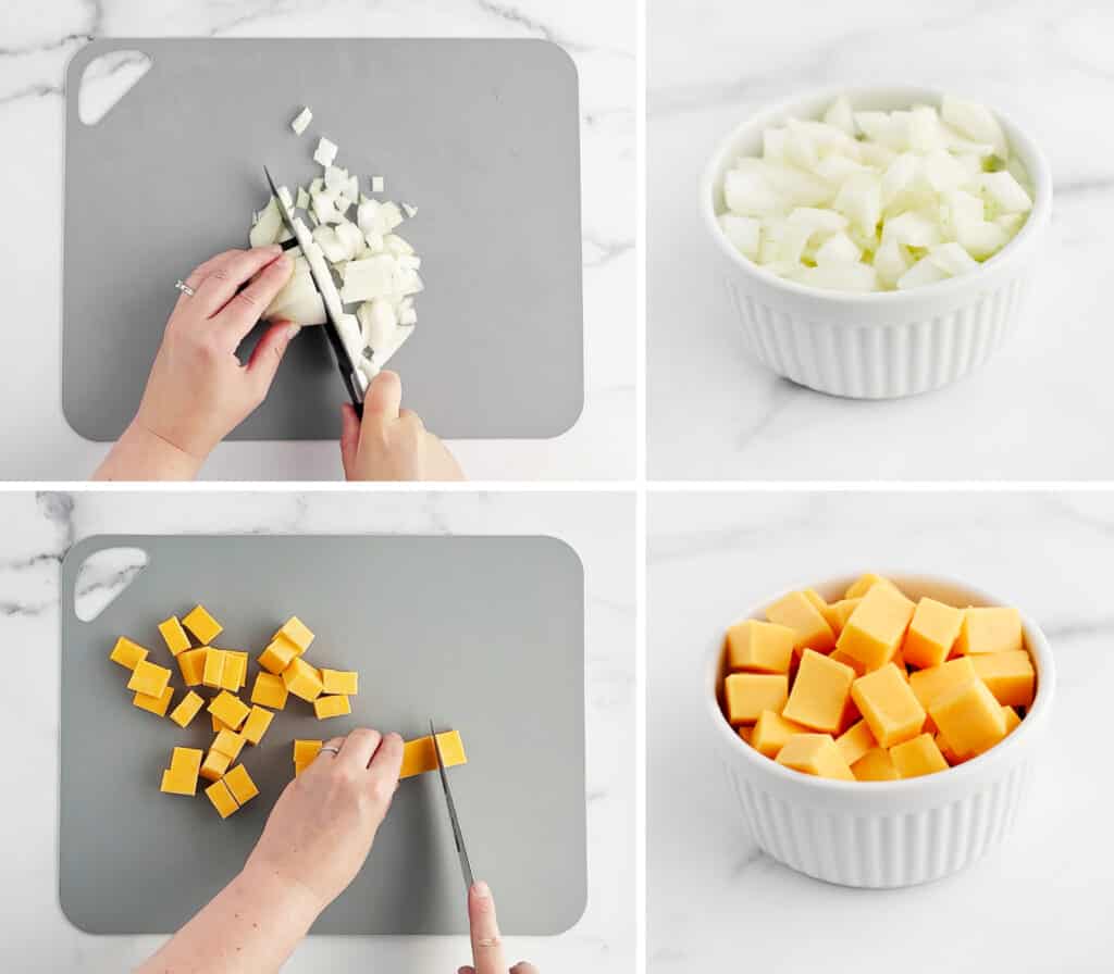 Chop Onions and Cheese on Cutting Board (left) In Bowls (right)