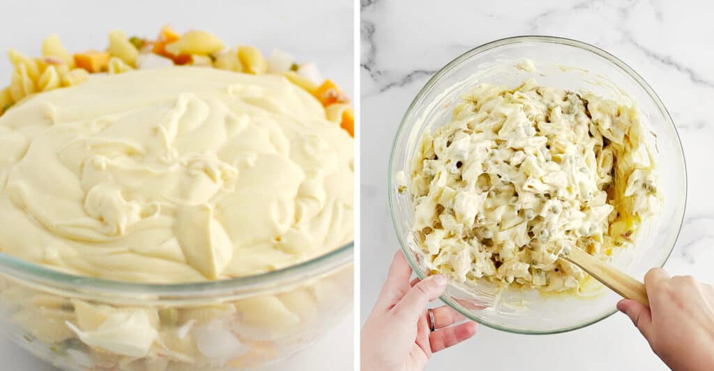 Adding Dressing to Pasta Salad