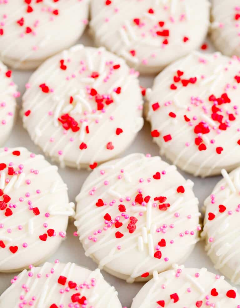 Valentine Cookies with White Chocolate, Crackers, and Peanut Butter with Valentine Sprinkles
