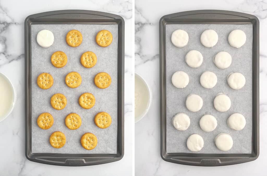 Dipped Cookie Sandwiches on Lined Baking Sheet