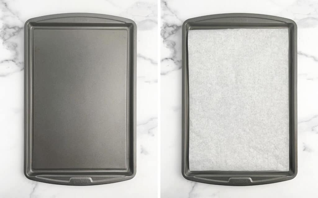 Baking Sheet (Left) Prepared Baking Sheet with Parchment (Right)