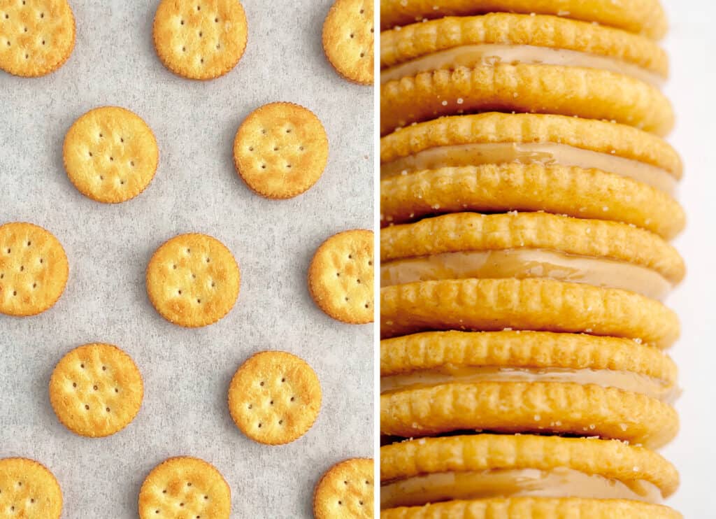 Cracker Sandwiches Placed on Parchment (Left) Stacked (Right)