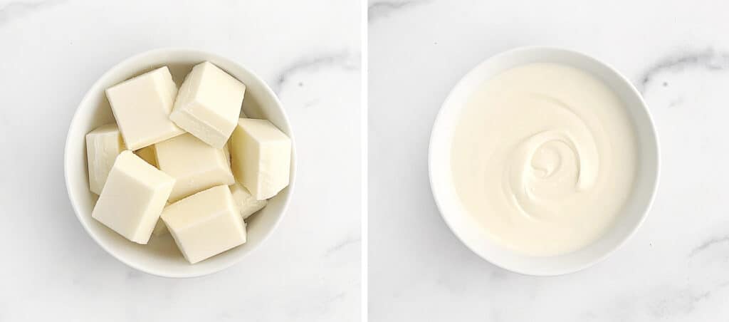Almond Bark in Bowl (Left) Melted Almond Bark in Bowl (Right) on Marble Surface