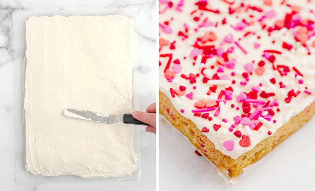 Spreading Frosting on to Sugar Cookie Bars and Adding Sprinkles