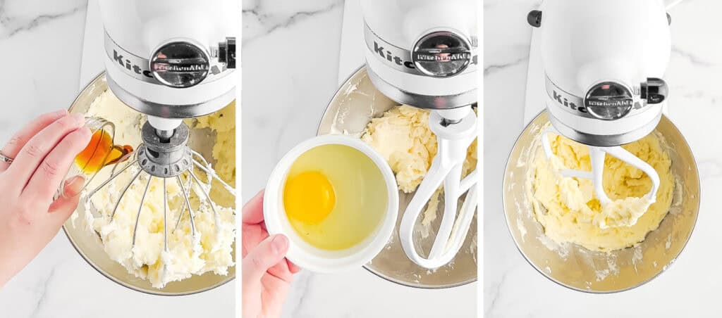 Adding Eggs and Vanilla to Butter and Sugar in Stand Mixer Bowl