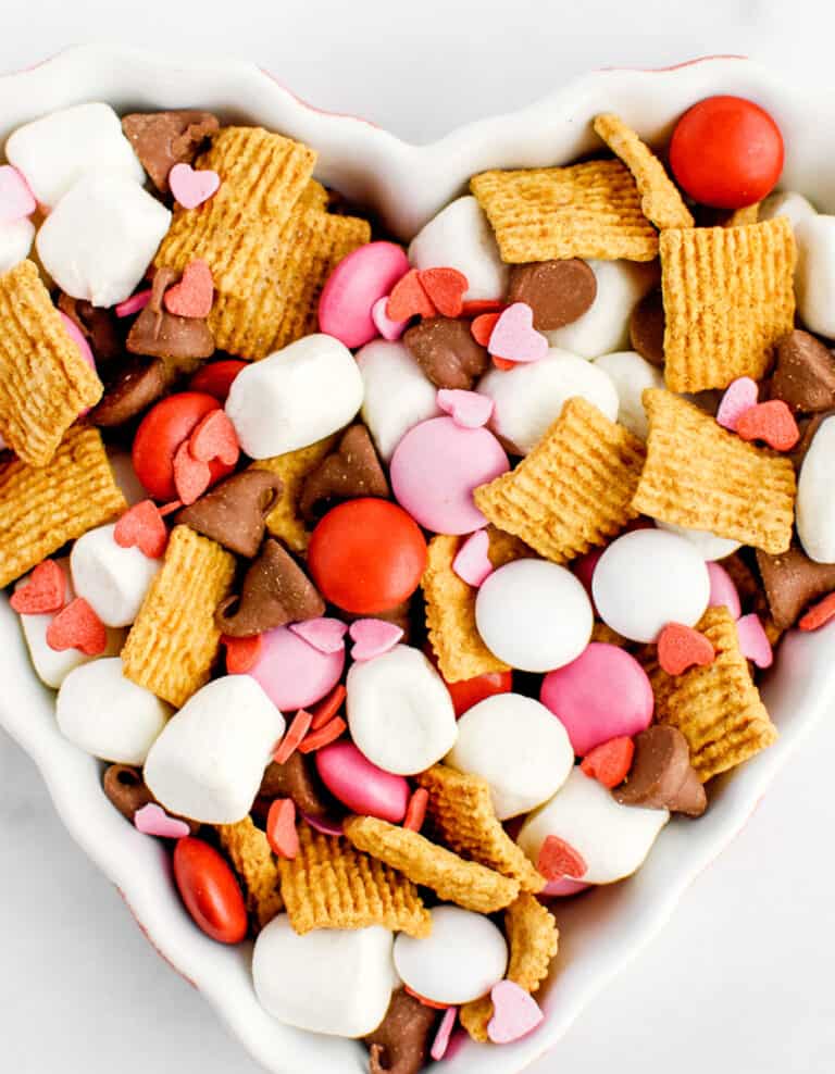 Valentines Smores Snack Mix in Heart Bowl