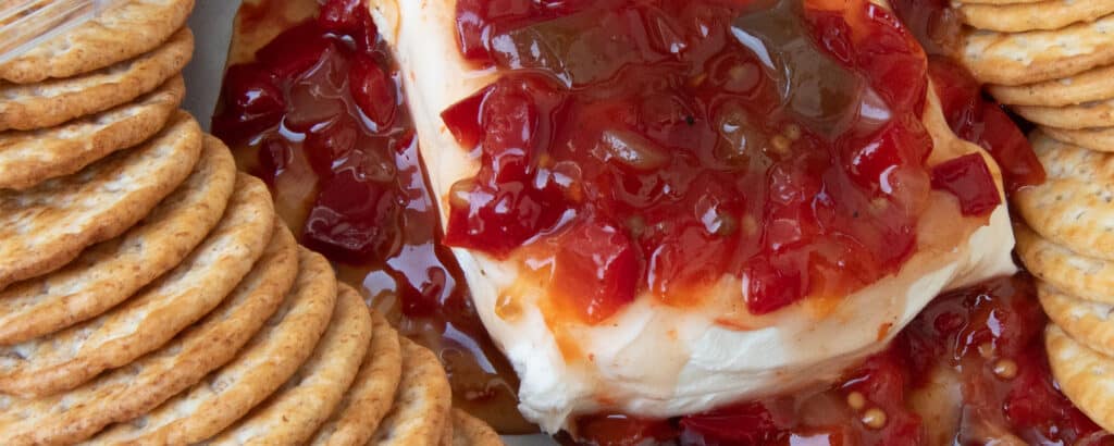 Cherry Pepper Jelly Over Cream Cheese with Crackers