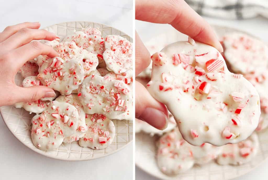 White Chocolate Peppermint Pretzel Crisps on Plate and Closeup