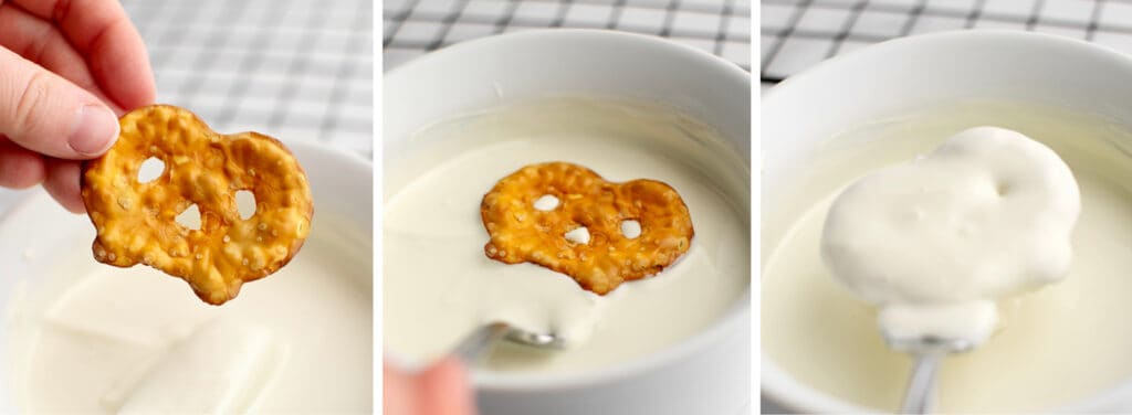 Dipping Pretzel Crisps in White Chocolate