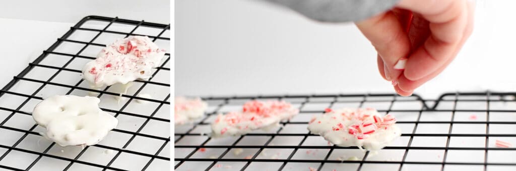 Place Dipped Pretzels on Cooling Rack and Sprinkling with Crushed Peppermint