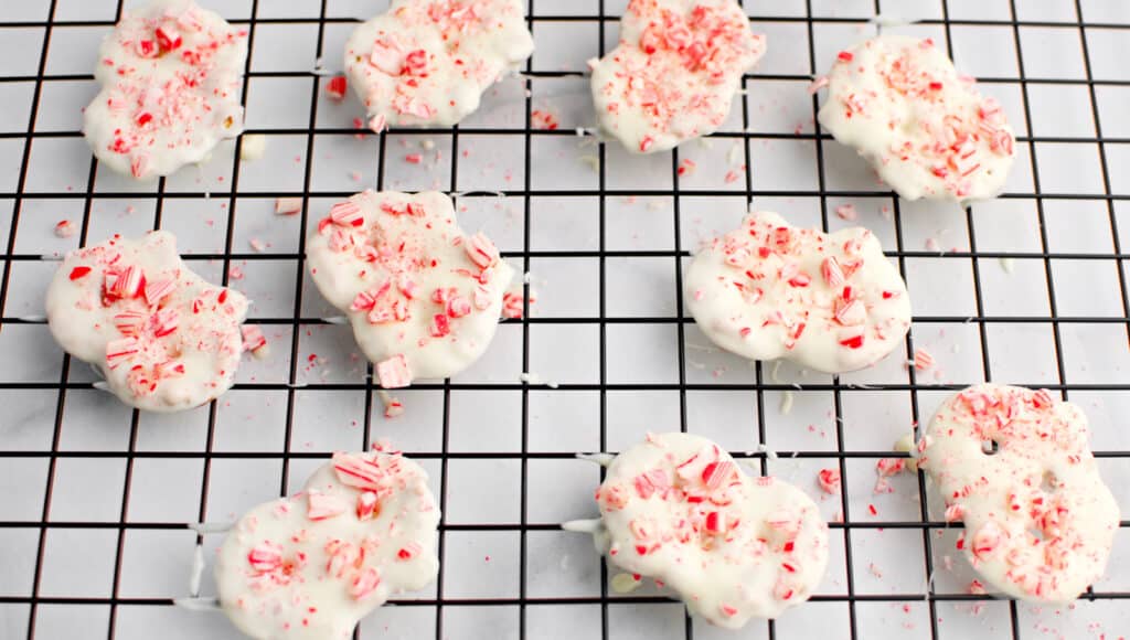 White Chocolate Peppermint Pretzel Crisps on Baking Rack Closeup