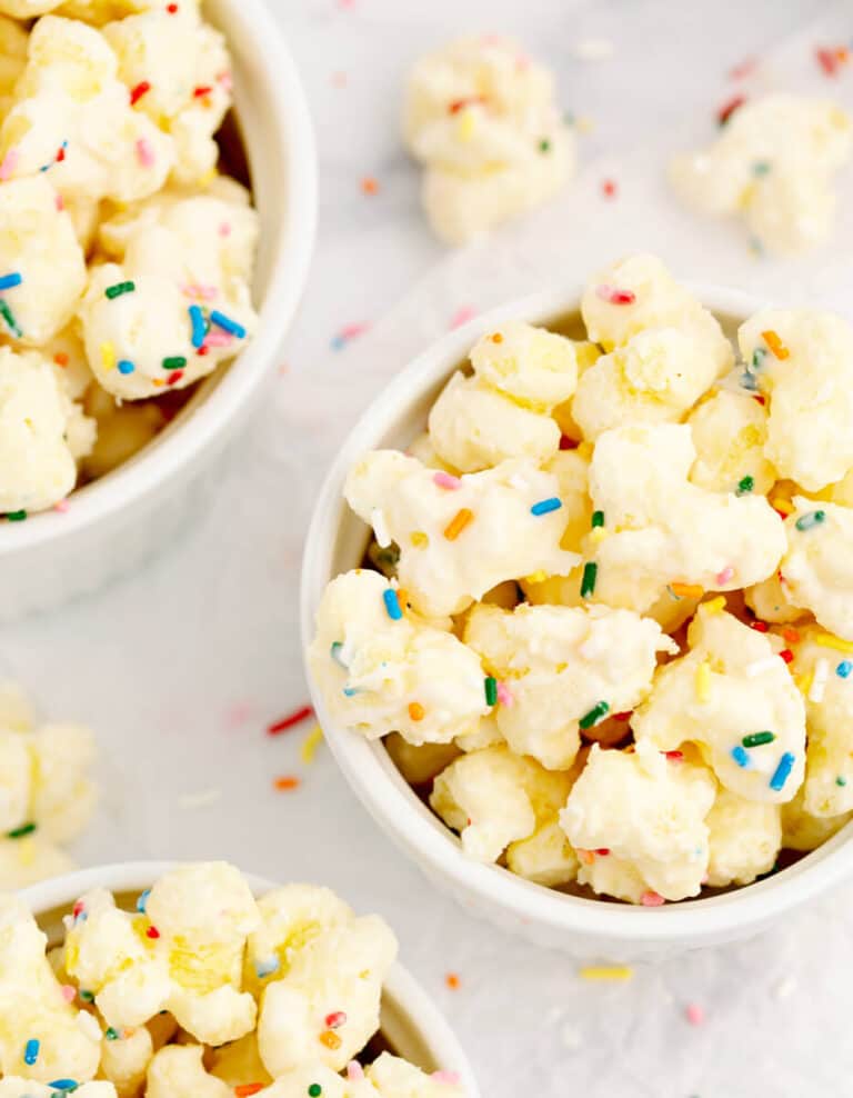 White Chocolate Puffcorn in White Bowls