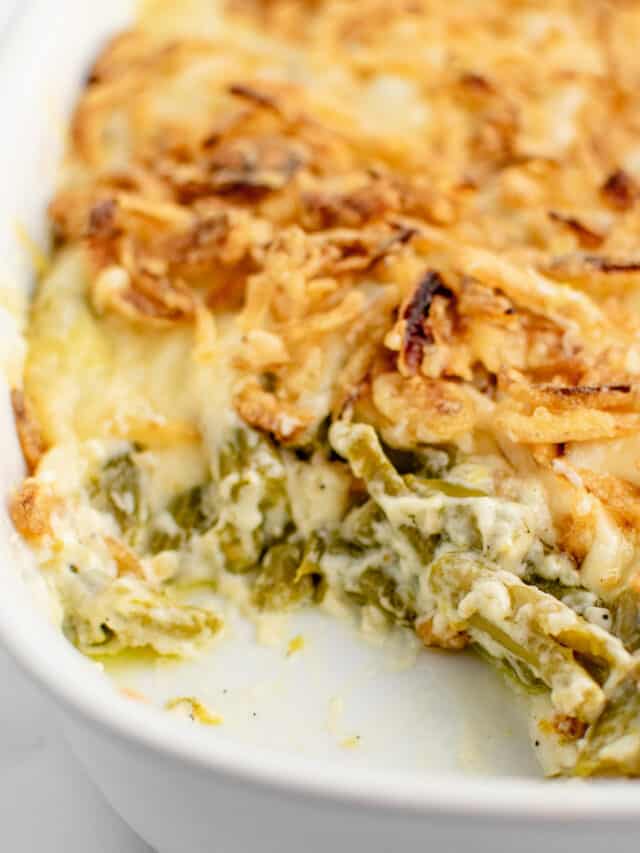 Cheesy Green Bean Casserole in Baking Dish